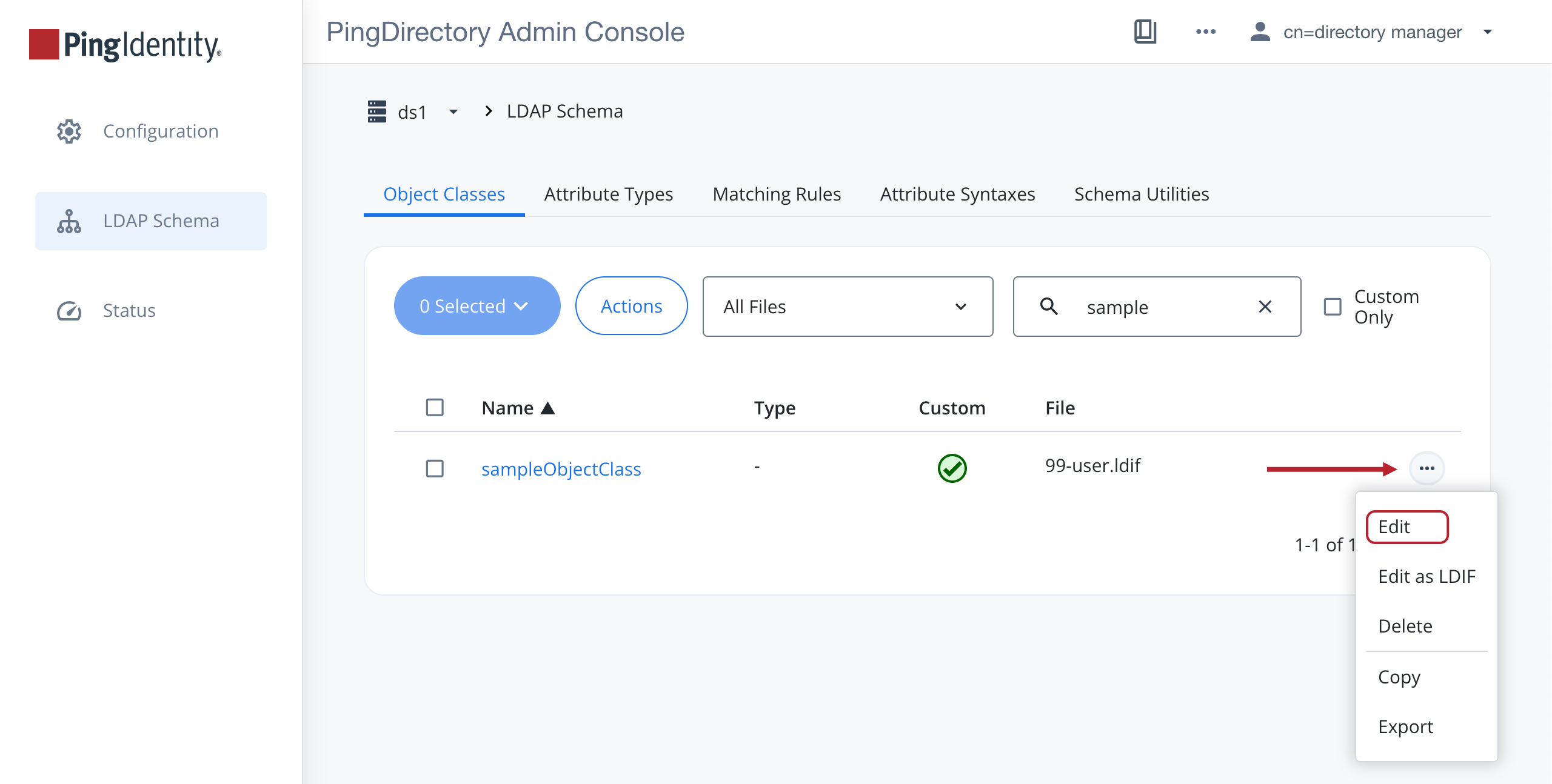 Screen capture showing the sampleObjectClass schema definition with the Edit item in the Actions list highlighted.