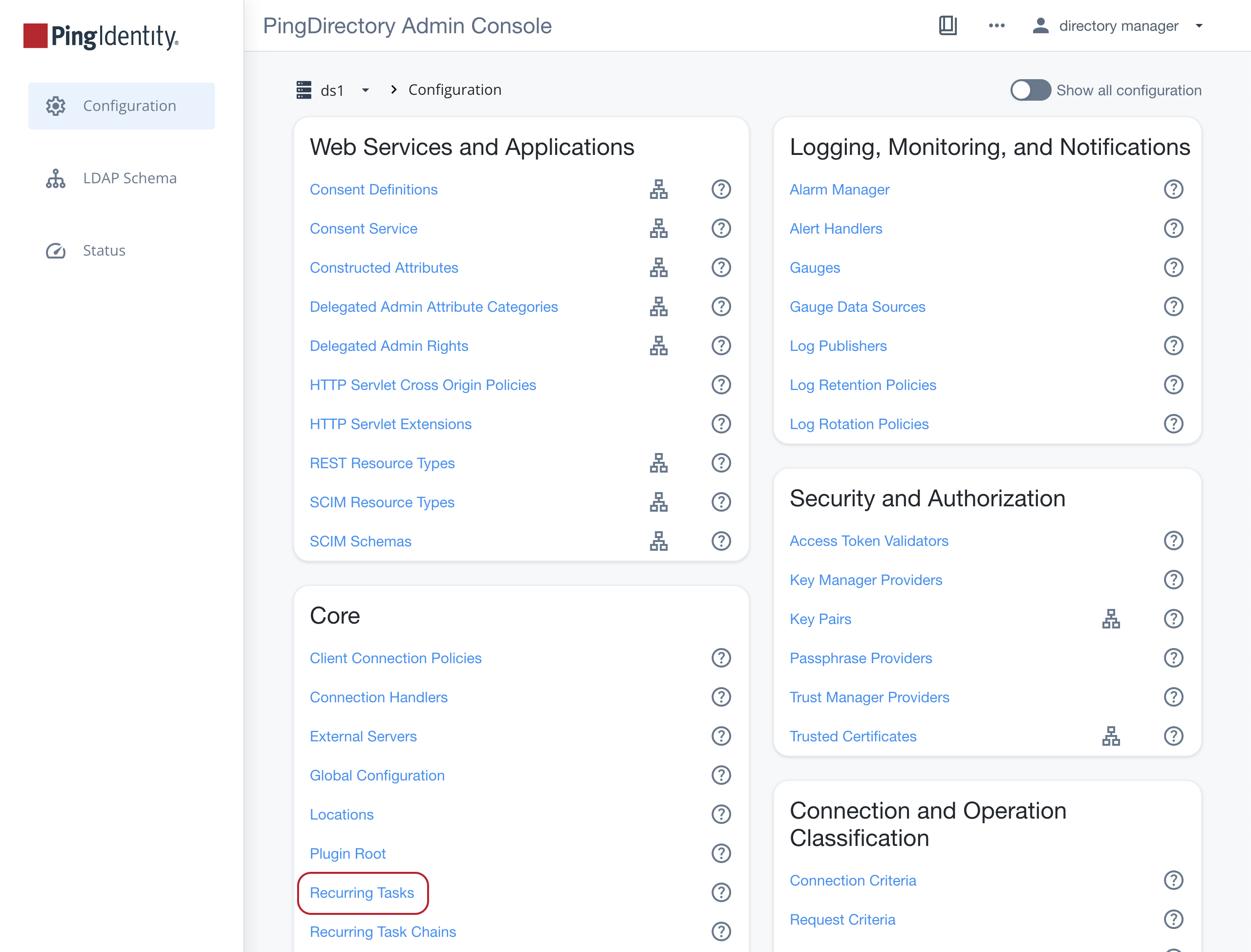 Screen capture of the Configuration page with Recurring Tasks highlighted in the Core section.