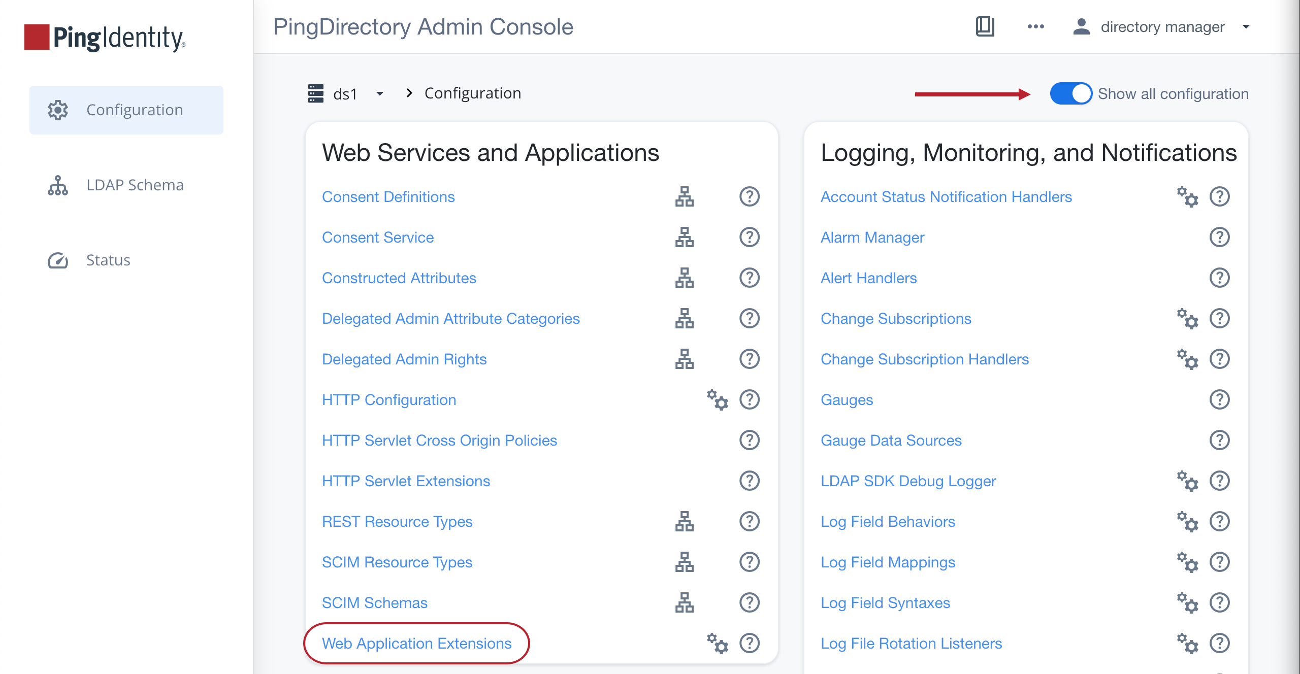 A screen capture of the admin console Configuration screen with the Show all configuration toggle enabled.