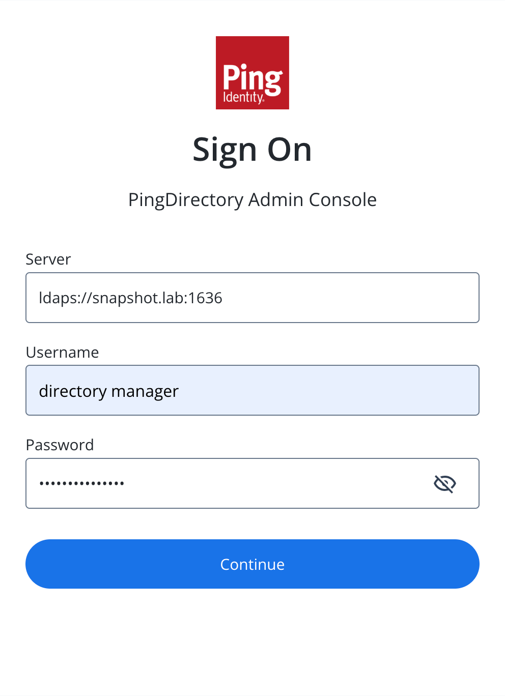 Screen capture of the admin console sign-on screen showing the Server, Username, and Password fields.