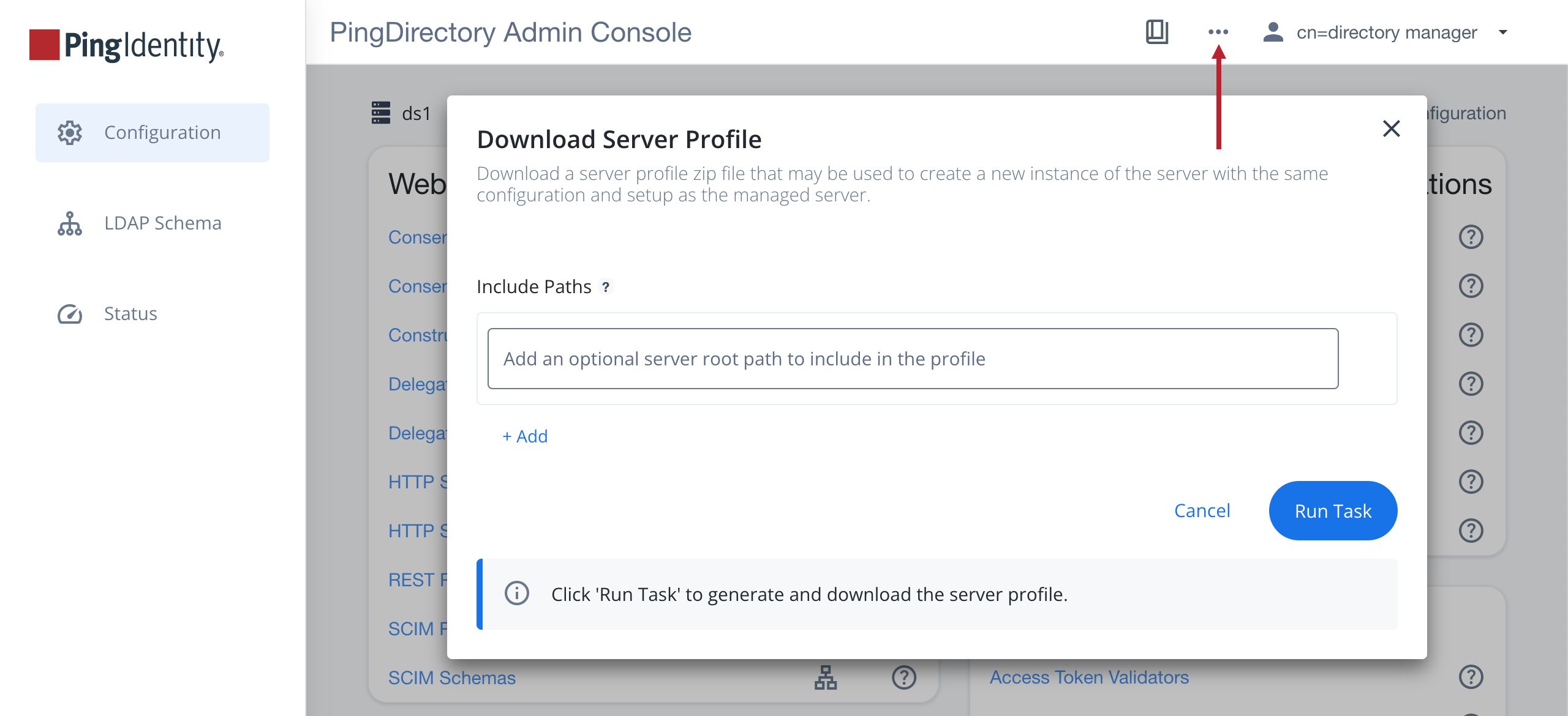A screen capture of the admin console displaying the Download Server Profile modal and the location of the More Options menu.
