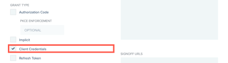 A screen capture showing the admin portal Edit Configuration page in the Grant Type section with the Client Credentials checkbox highlighted.