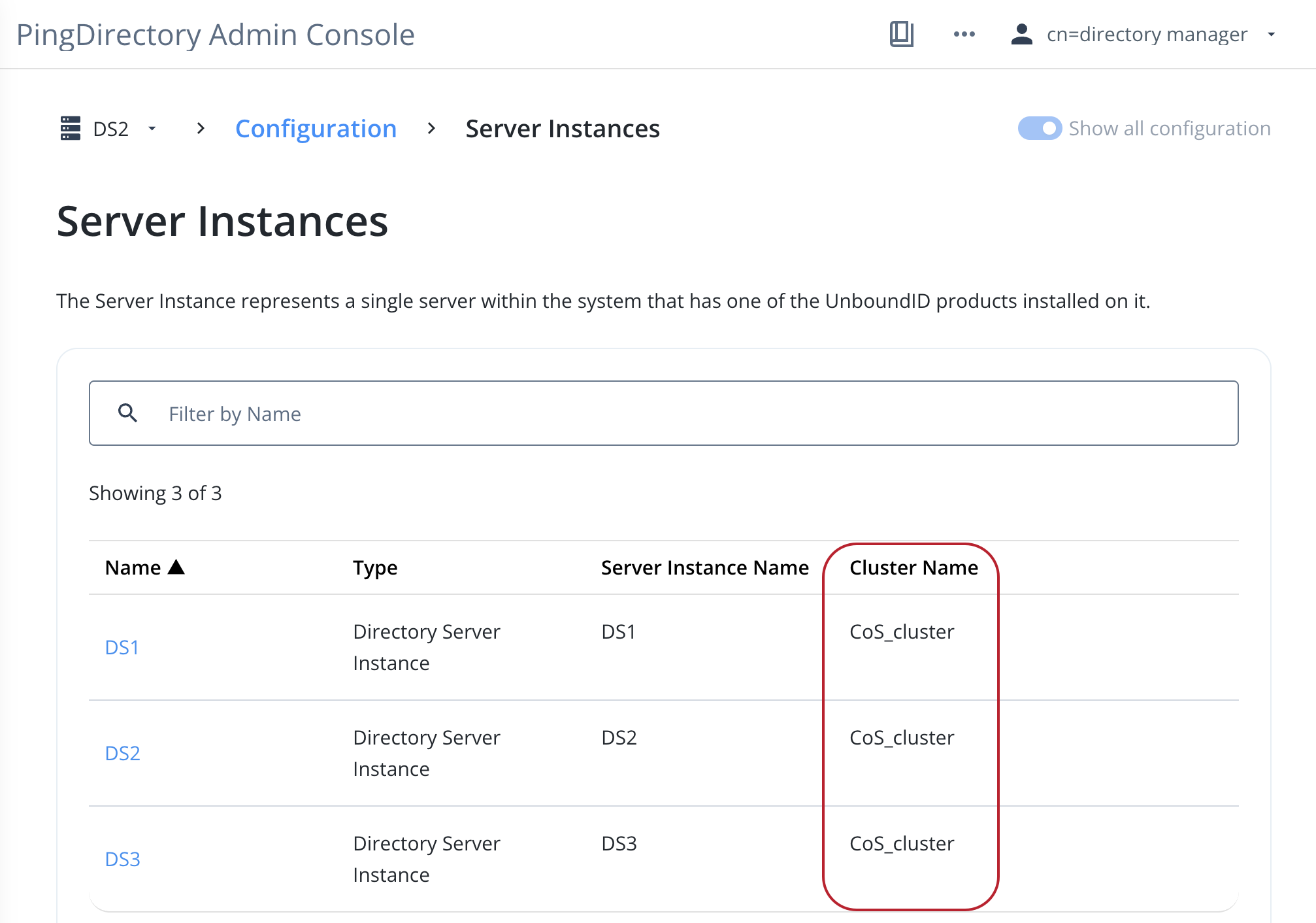 A screenshot of the PingDirectory admin console with matching Cluster Name values for all three server instances in the topology.