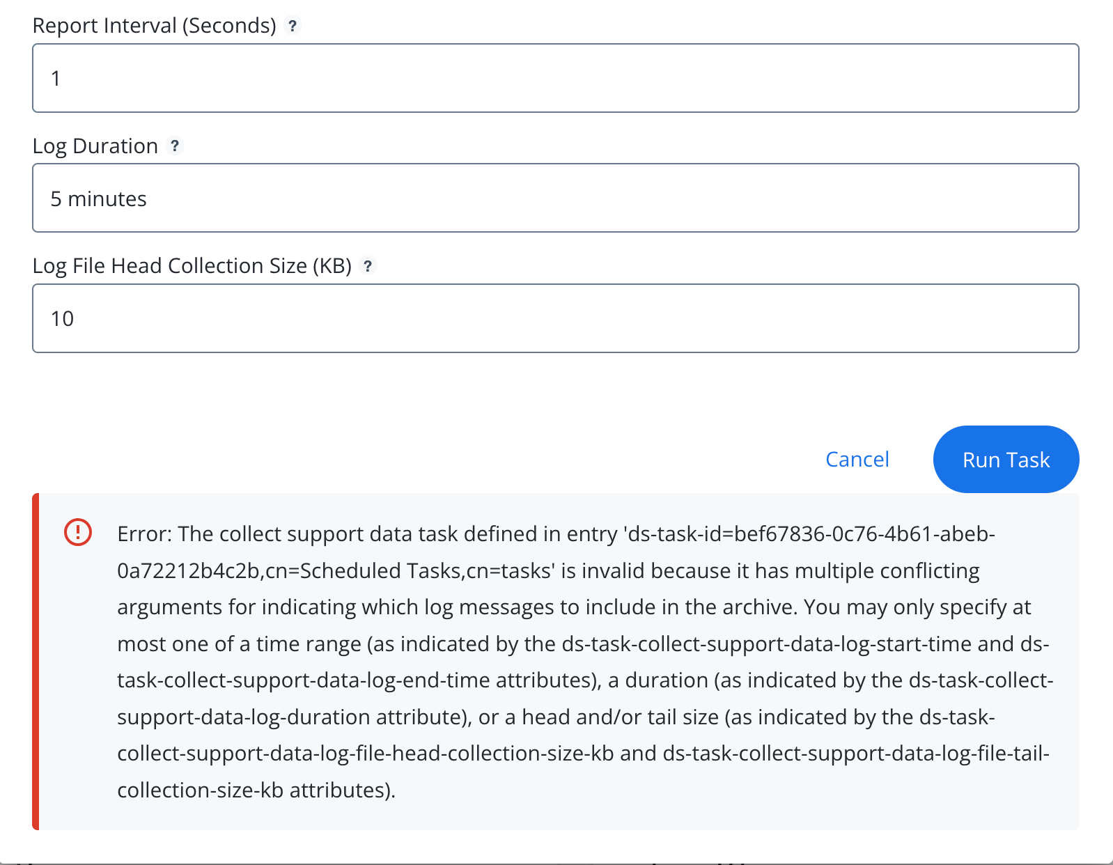 A screen capture of the Collect Support Data modal displaying an error message related to a misconfiguration of the CSD task.