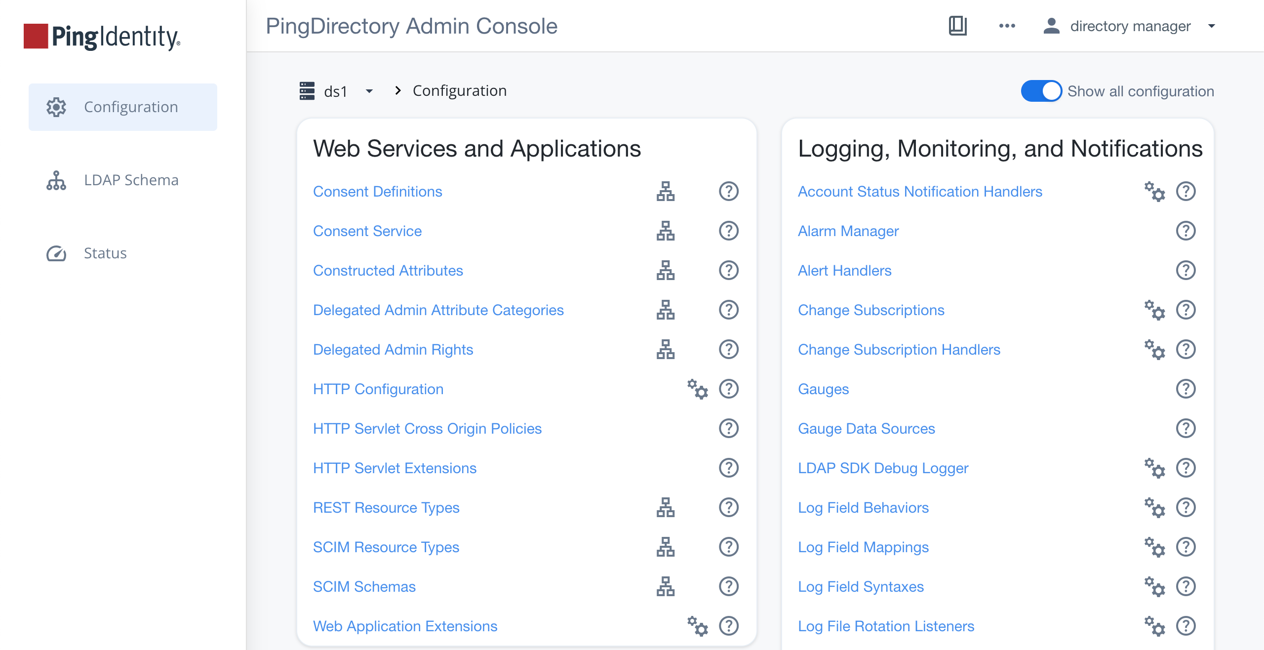 Screen capture of the admin console