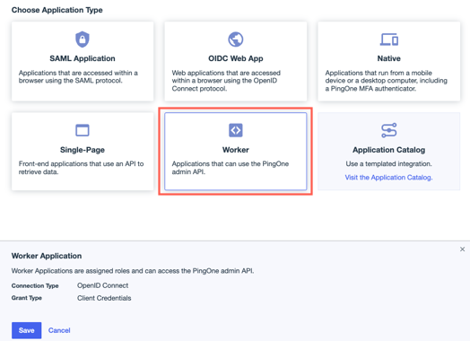 A screen capture showing the admin portal Add Application page with Worker selected from the Choose Application Type section.