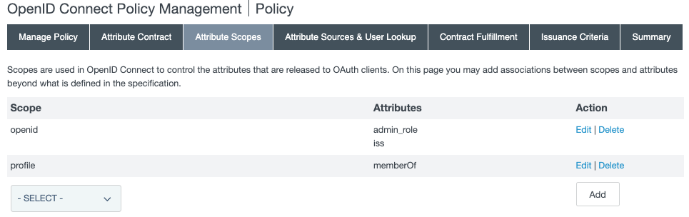 Screen capture of the Attribute Scopes tab, on which you add the admin_role and iss attributes to the openid scope and the memberOf attribute to the profile scope.