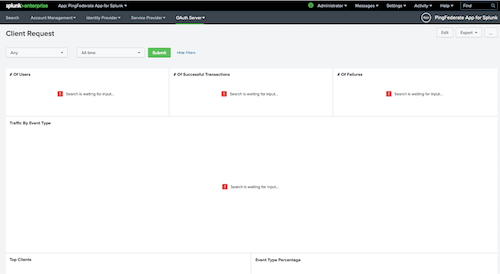 Screenshot of the OAuth Server Client Request dashboard with the different sections waiting for search results.