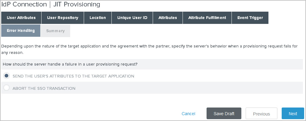 Screenshot of the Error Handling tab showing the options for how the server should handle a failure.