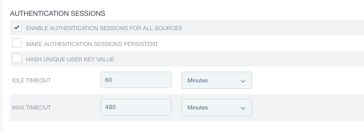 A screen capture of the authentication sessions window. There are checkboxes for Enable authentication for all sources and hash unique user key value. There are list settings for Idle timeout and Max timeout.