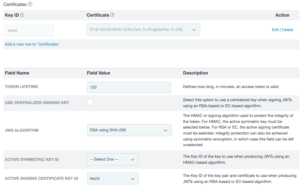 Screen capture of the Instance Configuration tab, on which you select your certificate and give it a Key ID.