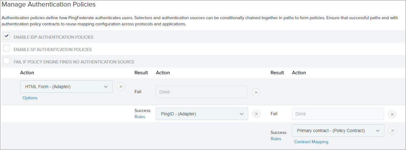 A screen capture of the Manage Authentication Policy window that displays existing authentication policies