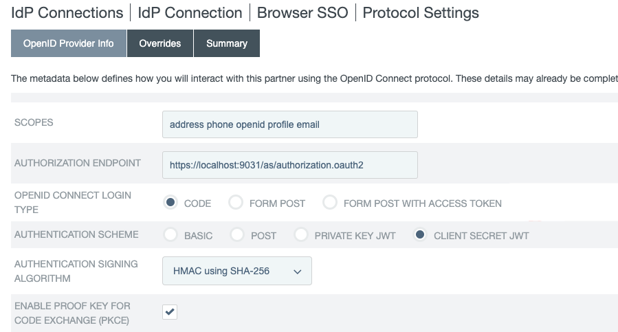 Screen capture of the **OpenIDProvider Info** tab. There are fields for Scopes, Authorization Endpoint, OpenID Connect Login Type, Authentication Scheme, Authentication Signing Algorithm, Enable Proof Key for Code Exchange. OpenID Connect Login has Code selected. Authentication Scheme has Client Secret JWT selected. The text field for Authentication Signing Algorithm is filled in with the value HMAC using SHA-256. There is a check box for Enable Proof Key for Code Exchange, which is selected.