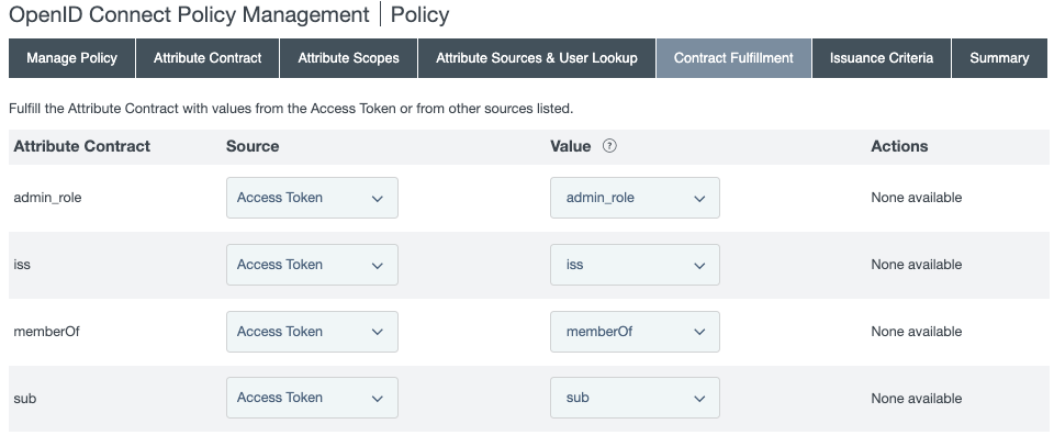 Screen capture of the Contract Fulfillment tab, on which you select a source and a value for the admin_role, iss, memberOf, and sub attributes.