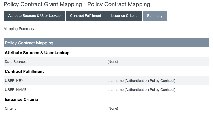 Screen capture of the Policy Contract Mapping tab in which you configure the User_Key and the User_Name.