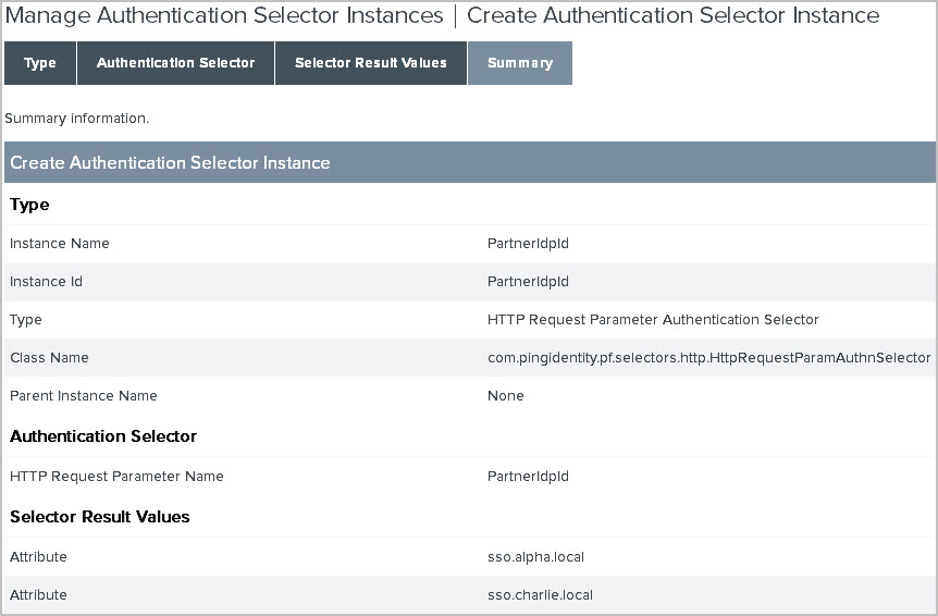 Screen capture illustrating a completed HTTP Request Parameter Authentication Selector.