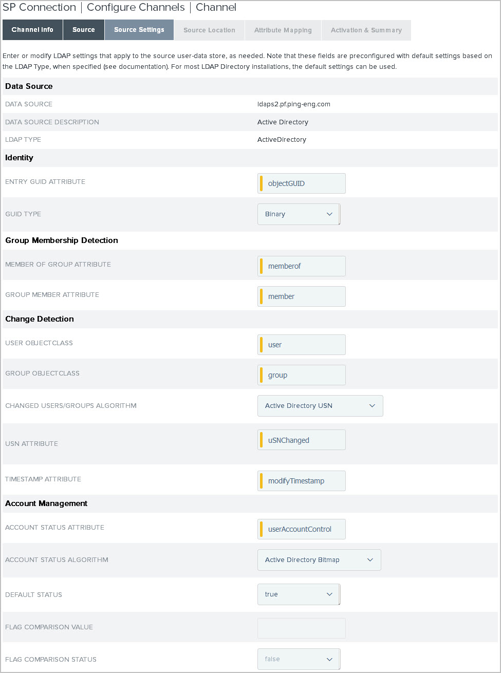Screen capture illustrating the Source Settings tab, based on a Microsoft Active Directory user store.
