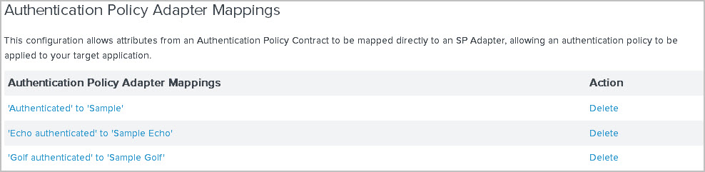 Screen capture illustrating configured adapter mappings for Sample, Sample Echo, and Sample Golf.