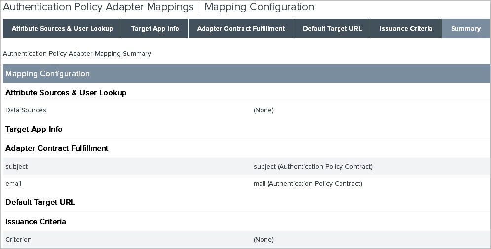 Screen capture illustrating authentication policy adapter mapping configuration.
