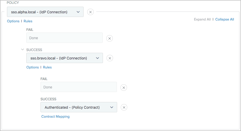 Screen capture illustrating a configured Success path for an IdP policy contract.