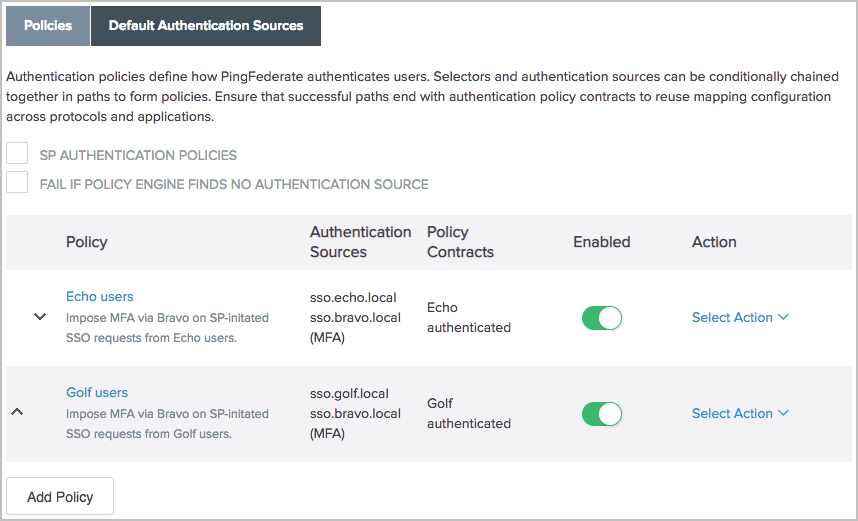 Screen capture illustrating configured default authentication sources for Echo and Golf users.