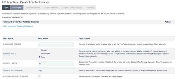 Screen capture of the IdP Adapter tab and adapter instance configuration for self-service password management. The Allow Password Changes check box is selected.