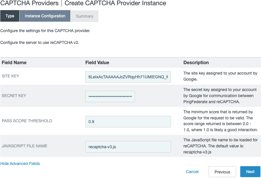 Screenshot of the Create Captcha Provider Instance window’s Instance Configuration tab