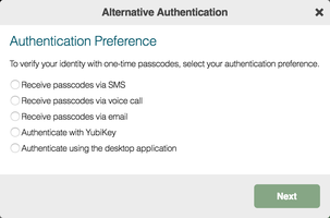 A screen capture of the Alternative Authentication window displaying the Authentication Preference options.