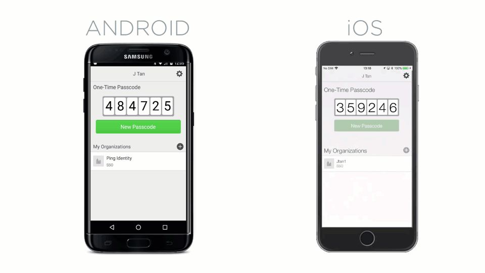 Animation showing the process of opening the menu, finding the PingID support ID, and sending the event logs on both IOS and Android.