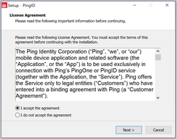 A screen capture illustrating the PingID setup license agreement.