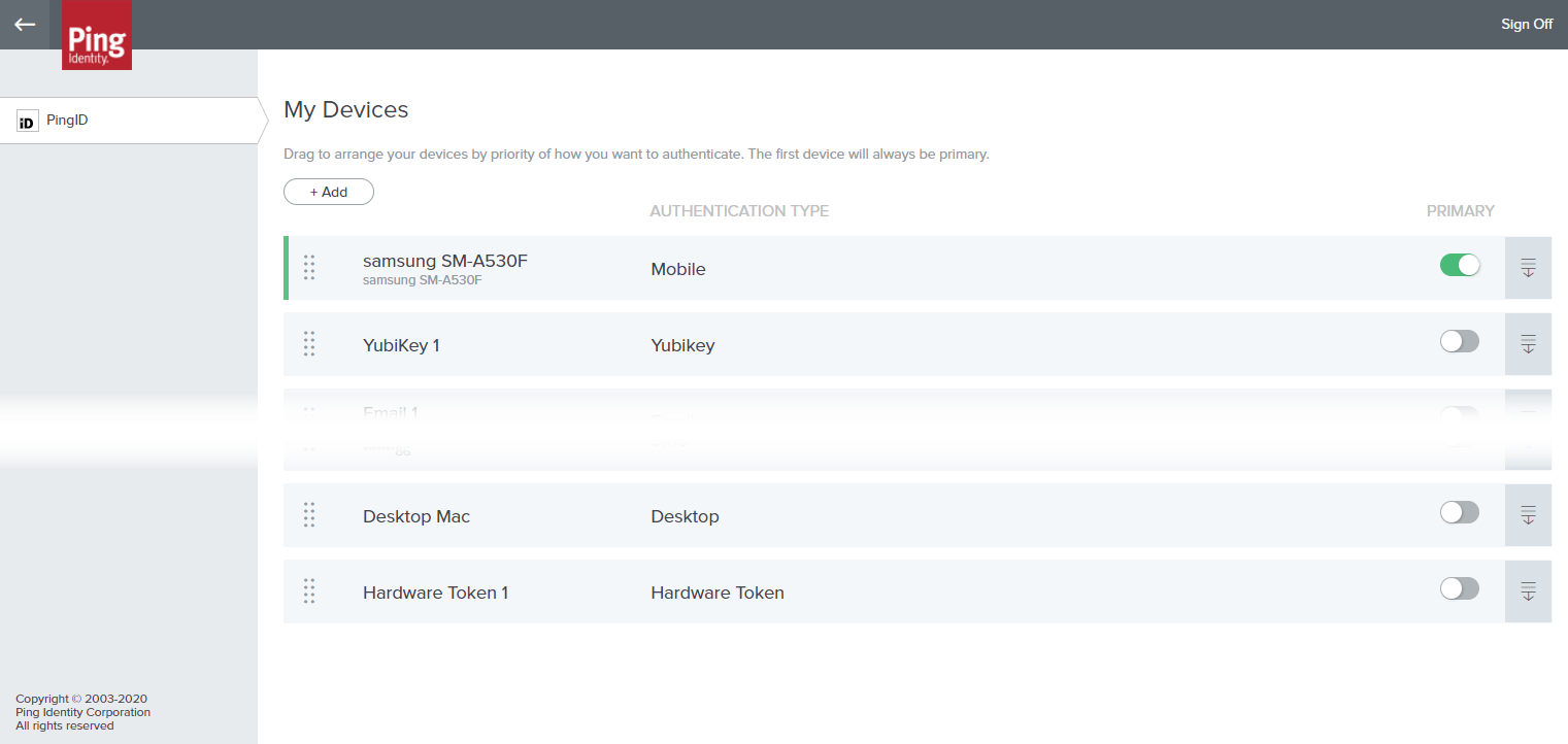 A screen capture of the My Devices page with a hardware token added to a device.