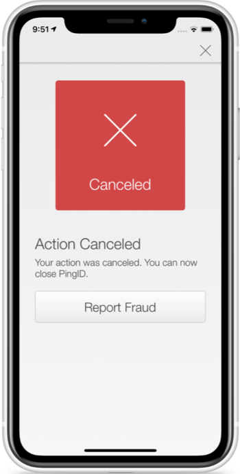 Image of the Authentication request denied screen, showing the Report Fraud button at the bottom of the screen.