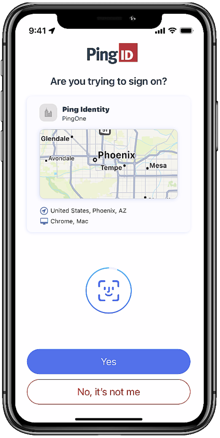 A screen capture of the authentication screen, showing your location and a request to authenticate with your Face, and two buttons 'Yes', or 'No, it’s not me'