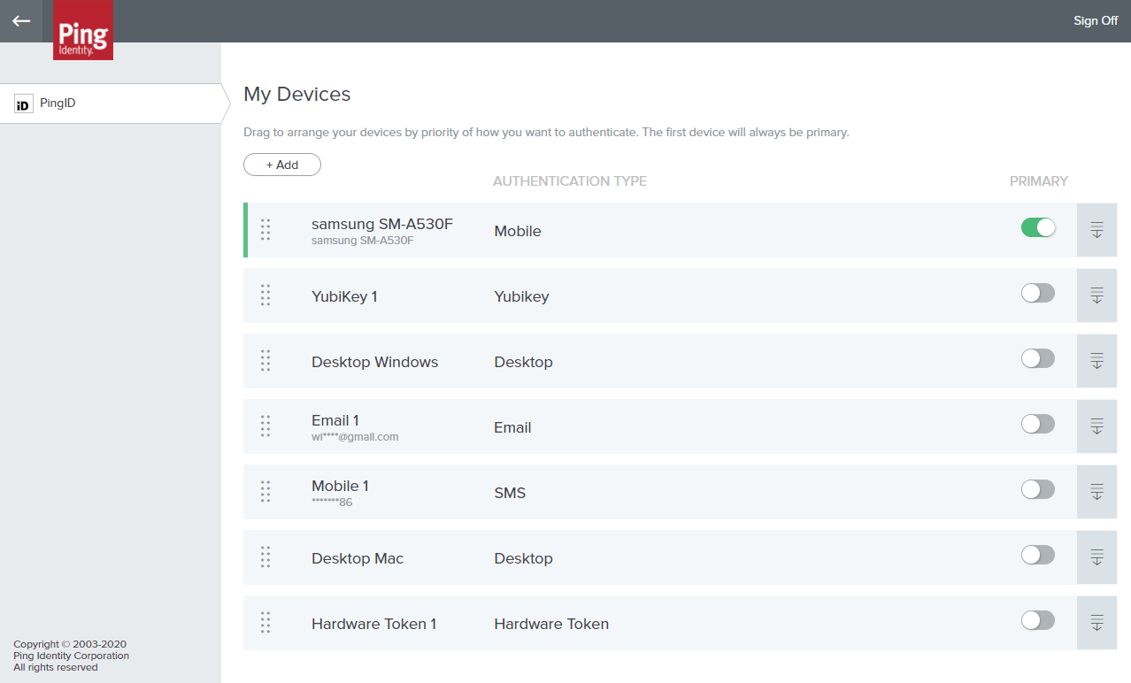 A screen capture of the My Devices page with one device enabled as the primary device.