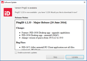 A screen capture illustrating a PingID software update window.