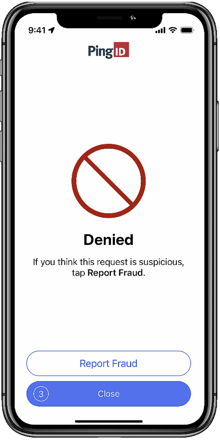 Image of the Authentication request denied page, showing the Report Fraud button at the bottom of the screen