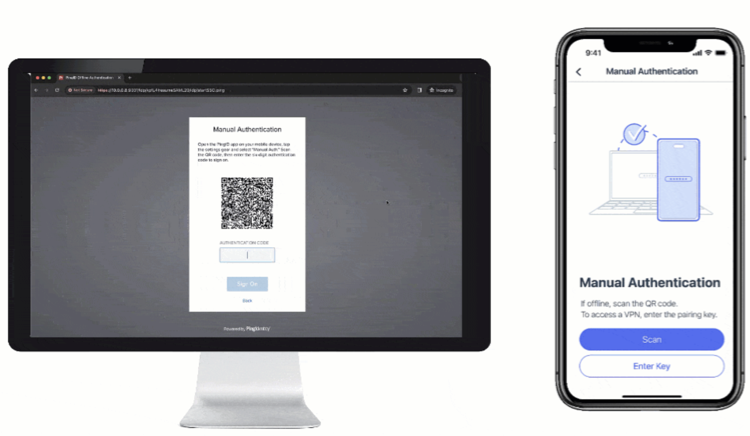 Authenticating screen showing a request to authenticate manually, and the PingID mobile app displaying the Manual Authentication flow