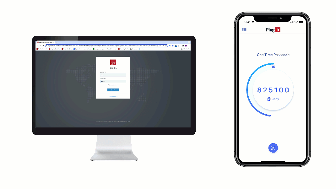 Animation showing authentication with PingID  mobile app biometrics as a second factor