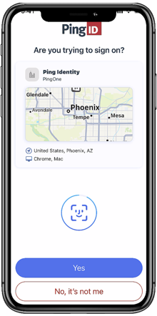 An iPhone mobile device with the PingID app open, showing a map with the location of the sign-on request. The user is prompted to tap 'Yes' to authenticate with biometrics or 'No, it’s not me'.