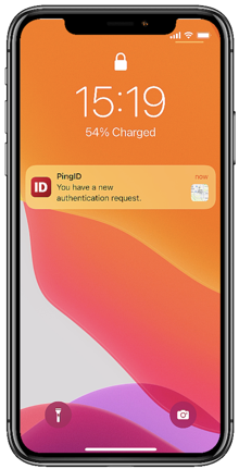 An iPhone mobile device with the PingID app displaying a single sign-on authentication notification request on a locked screen