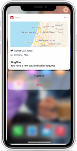 A screen capture of the notification screen including a map showing the location, device type, and browser used by the accessing device, and the option to Approve or Deny the authentication request.