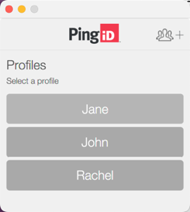 A screen capture of the Profiles page, listing all profiles for this instance of PingID desktop app and a prompt to select a profile.