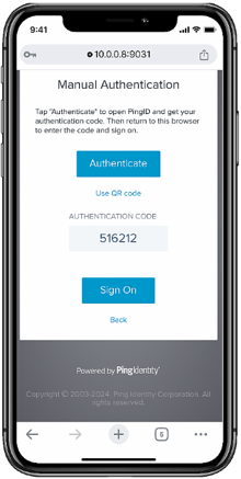 Screen shot showing Manual Authentication screen showing authentication code entered and a Sign On button