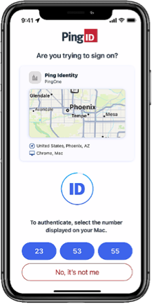 PingID mobile app displaying a list of numbers, and a message asking you to select the same number that is displayed on the Authentication screen. At the end of the list is the No, it’s not me button that also allows you to report fraud.