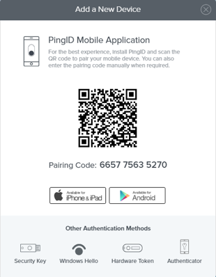 A screen capture of the Add a New Device window displaying the pairing code for the PingID mobile application.