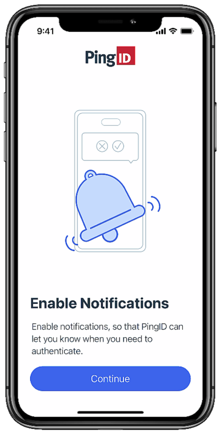 Screen capture of the Enable notifications screen, explaining that notifications are required for authentication and showing a Continue button