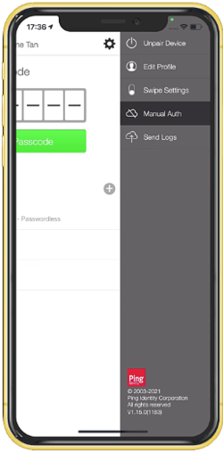 screen capture of the PingID mobile app Settings Menu with the Manual Auth option selected