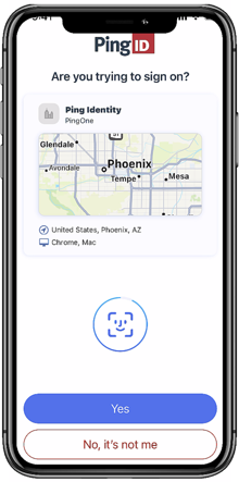 An iPhone mobile device with the PingIDapp open. PingIDshows a map with the location from which the request is coming, and asks the user if they are signing on. If they tap Yes, they’ll be asked to authenticate with their biometrics. They also have the option to tap No, it’s not me. their fingerprint or biometrics, as well as giving the option to cancel the authentication.