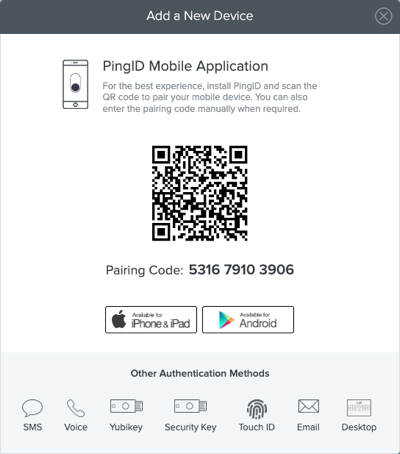 Add a New Device window showing authentication methods that are available to add.