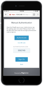 A screen capture of the Manual Authneication window with the Authentication Code field with an entry and the Sign On button.